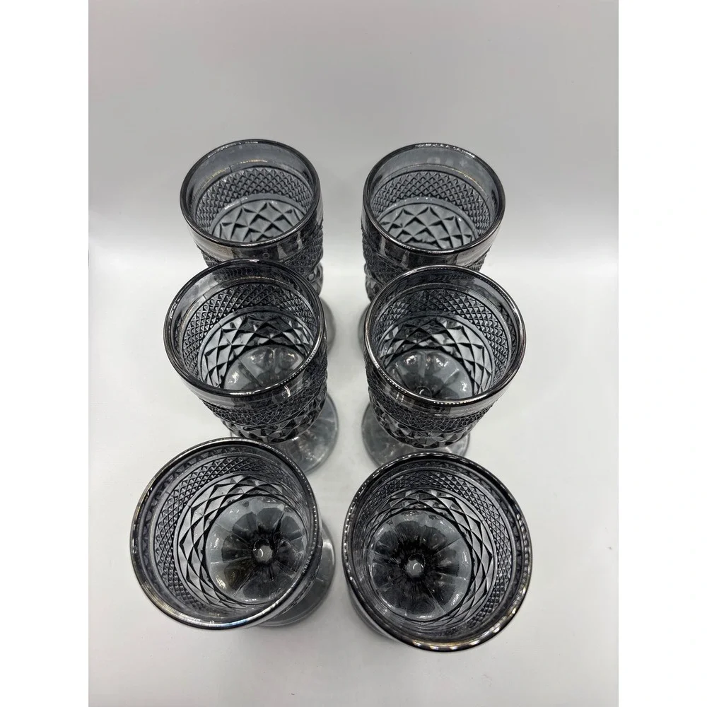 VTG Six Smoke Gray Moody/Gothic Glass Goblets Diamond Point Wine/ Water Glasses